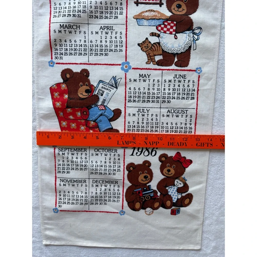 Vtg 1986 Bless This House Mama Papa Baby Bears Calendar Linen Tea‎ Towel